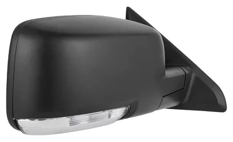 Espejo retrovisor derecho eléctrico con desempañador, luz auxiliar y listo para ser pintado para Dodge Ram 2009-2012. Altura de la imagen: Espejo lateral de una camioneta Dodge Ram plateada con luz y desempañador incorporados.