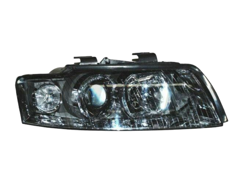Óptico izquierdo para Audi A4 modelo 2001 a 2004, halógeno con regulación eléctrica. No incluye motor y utiliza dos ampolletas H7. Ideal para reemplazar la luz delantera de tu vehículo.