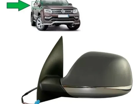 Espejo izquierdo de Volkswagen Amarok 2017-2024 con antena, abatible eléctricamente y base cromada, listo para pintar - Enchufe gris. Ideal para vehículos en Chile.