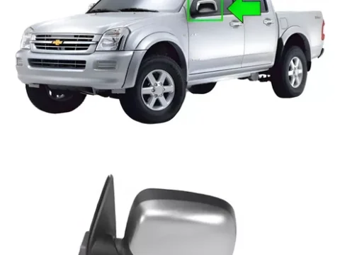 Espejo izquierdo cromado para Chevrolet Dmax modelo 2005-2014, orientado hacia el mercado chileno.
